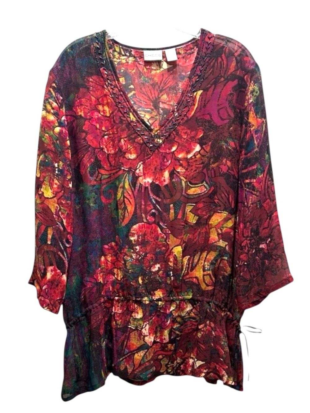 Chico's Silk Multicolor Beaded Tunic with 3/4 Sleeves, Drawstring Waist - Medium